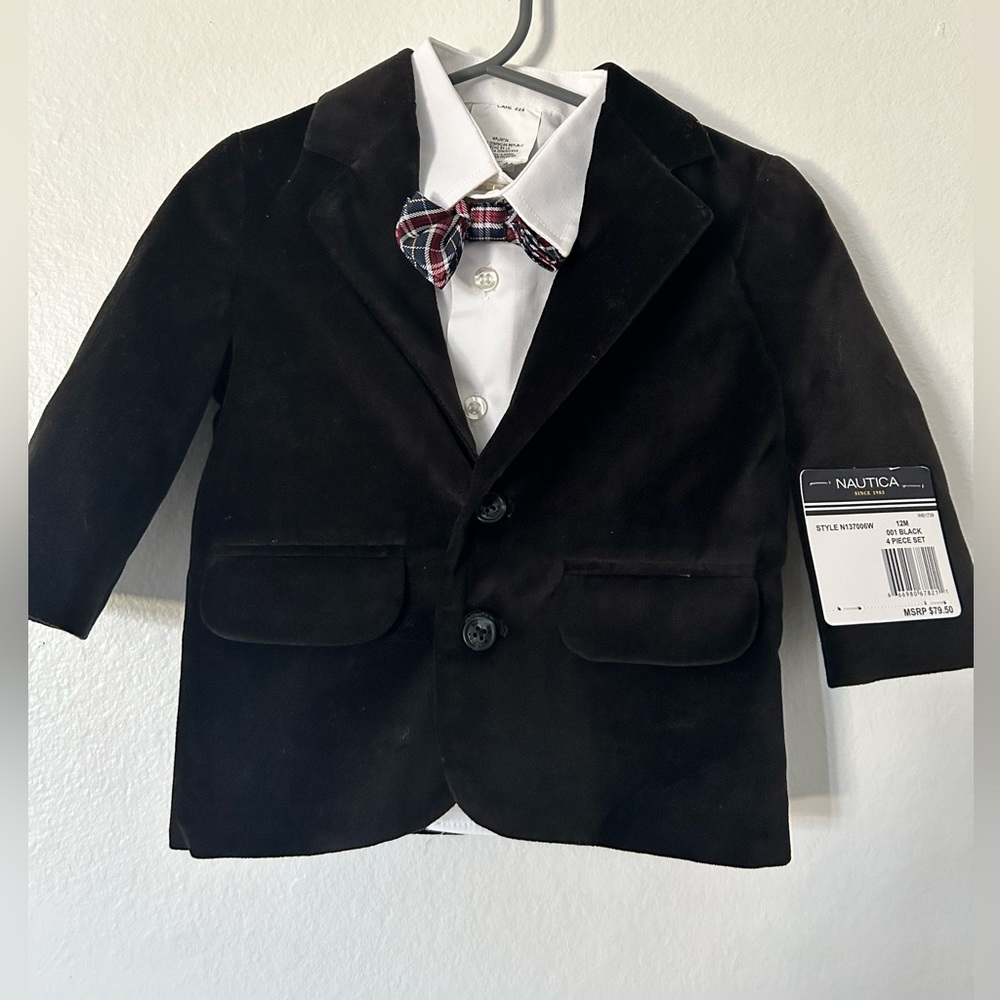 NWT Nautica  12M Black Velvet Blazer, Long sleeve White Shirt And‎ Bow